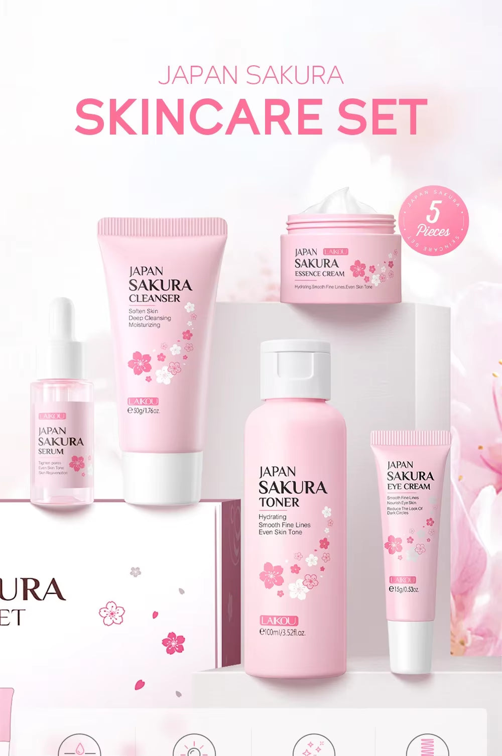 Sakura Kit Skin Care Sets Moisturizing and Reducing Fine Lines Cleansing Pore Product 5-Piece Korean Women'S Day Gift