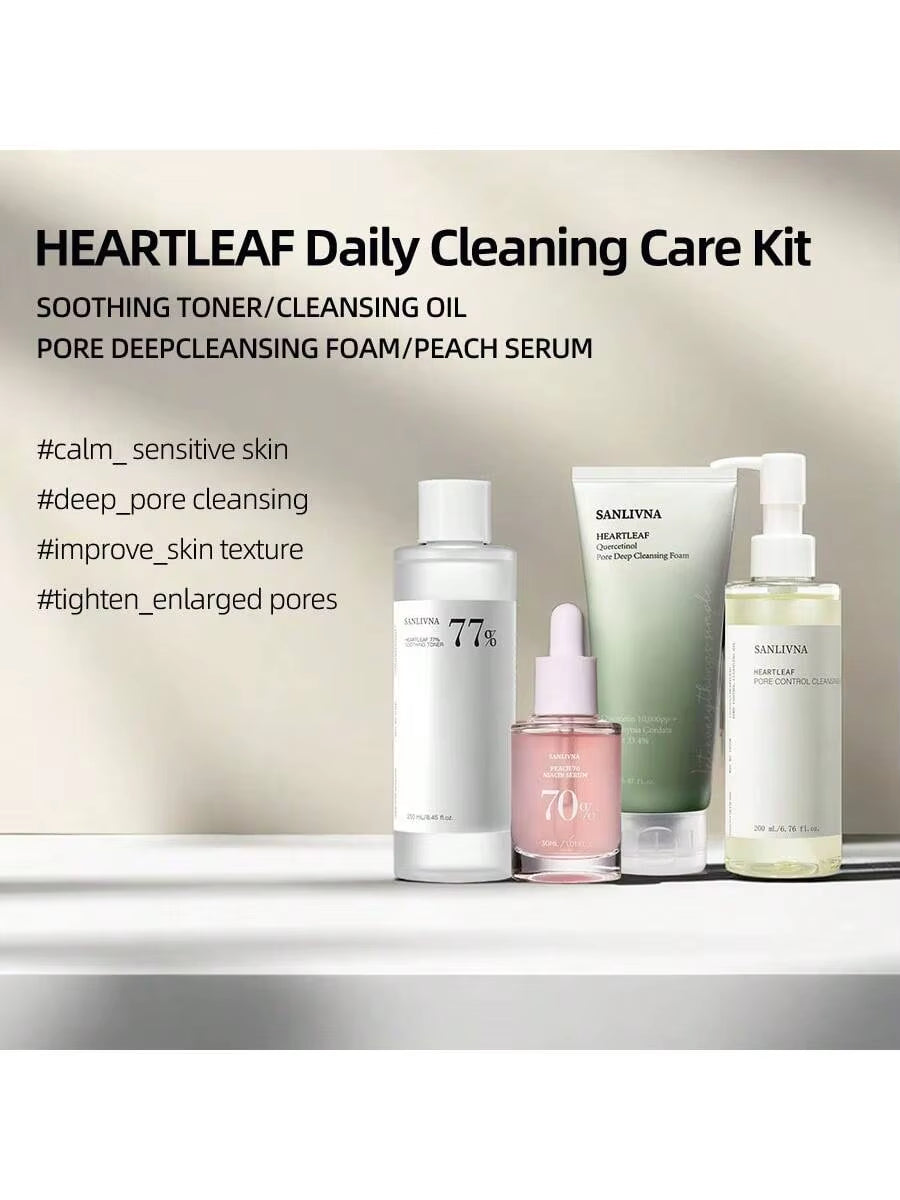 Heartleaf 77% Skincare 4-Piece Set - Deep Cleansing Cleanser, Toner, Peach 70 Face Serum, Pore Cleansing Oil, Daily Skincare Set