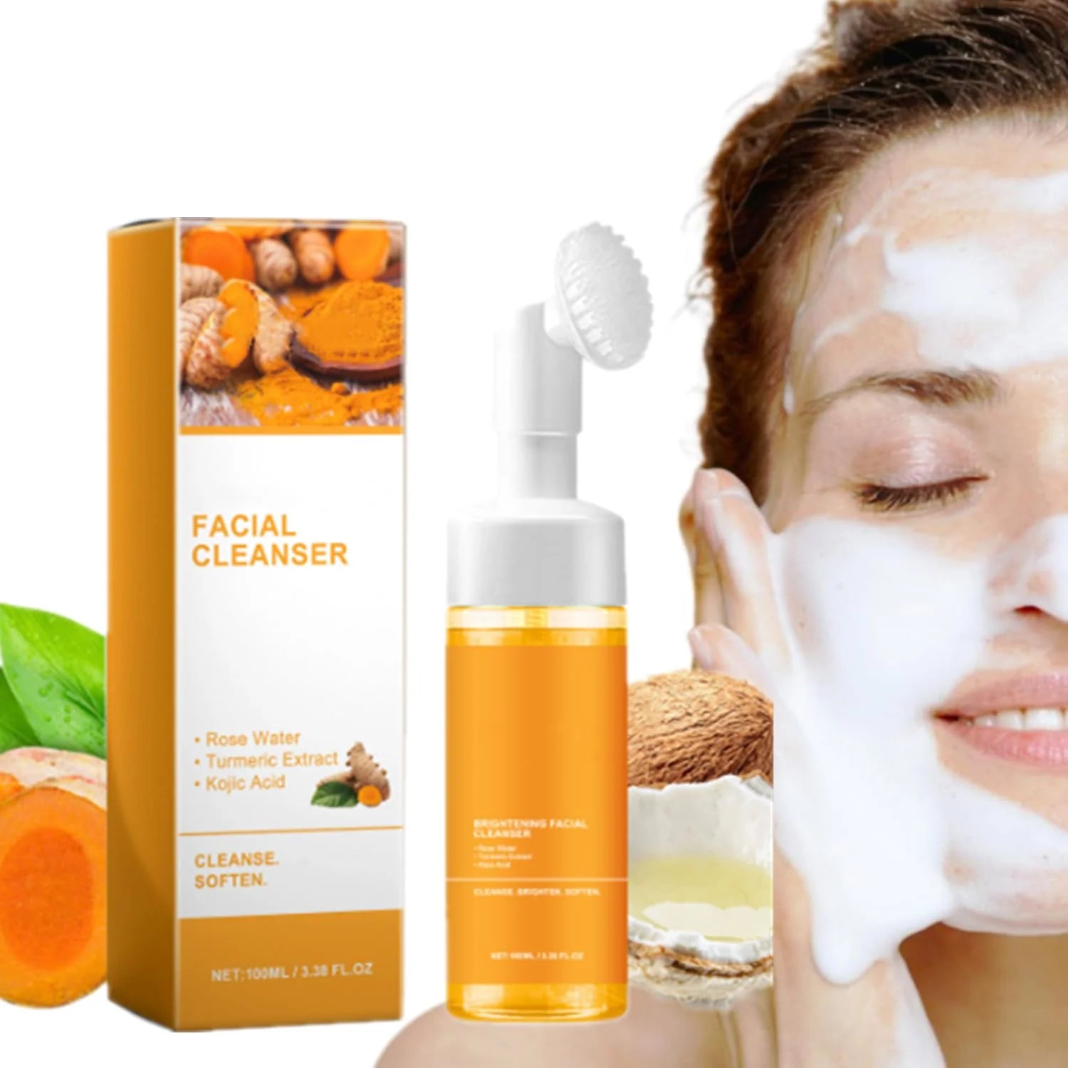 Turmeric Facial Cleanser with Soft Brush – Deep Foaming Face Wash for Brightening, Acne Control & Glowing Skin (100Ml)