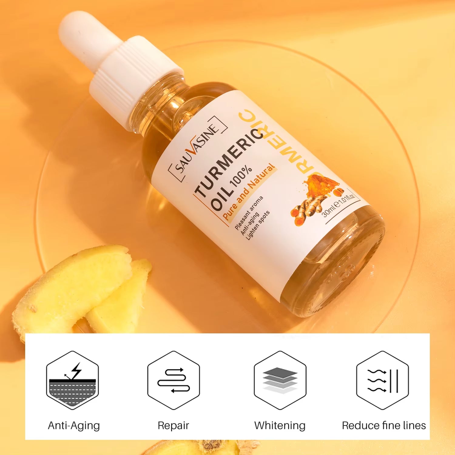 30Ml 100% Turmeric Oil anti Aging Face Whitening Serum Reduce Wrinkle Fine Lines Dark Spot Brightening Facial Lighten Men Women