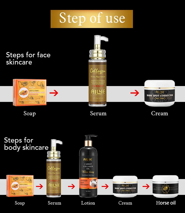 AILKE Ensemble de blanchiment au collagène pour tous les types de peau, éclaircissant, réduit les taches foncées, les taches de rousseur, l'hyperpigmentation, même le teint