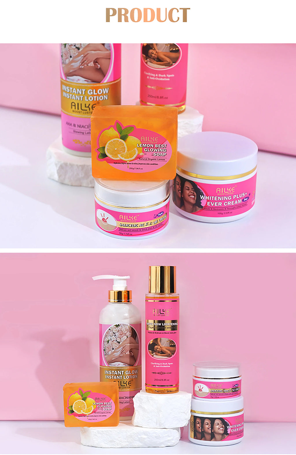 AILKE Ensemble éclaircissant naturel pour tous les types de peau, nettoyage, taches foncées et élimination de l'acné, stimule l'éclat, bio, végétalien