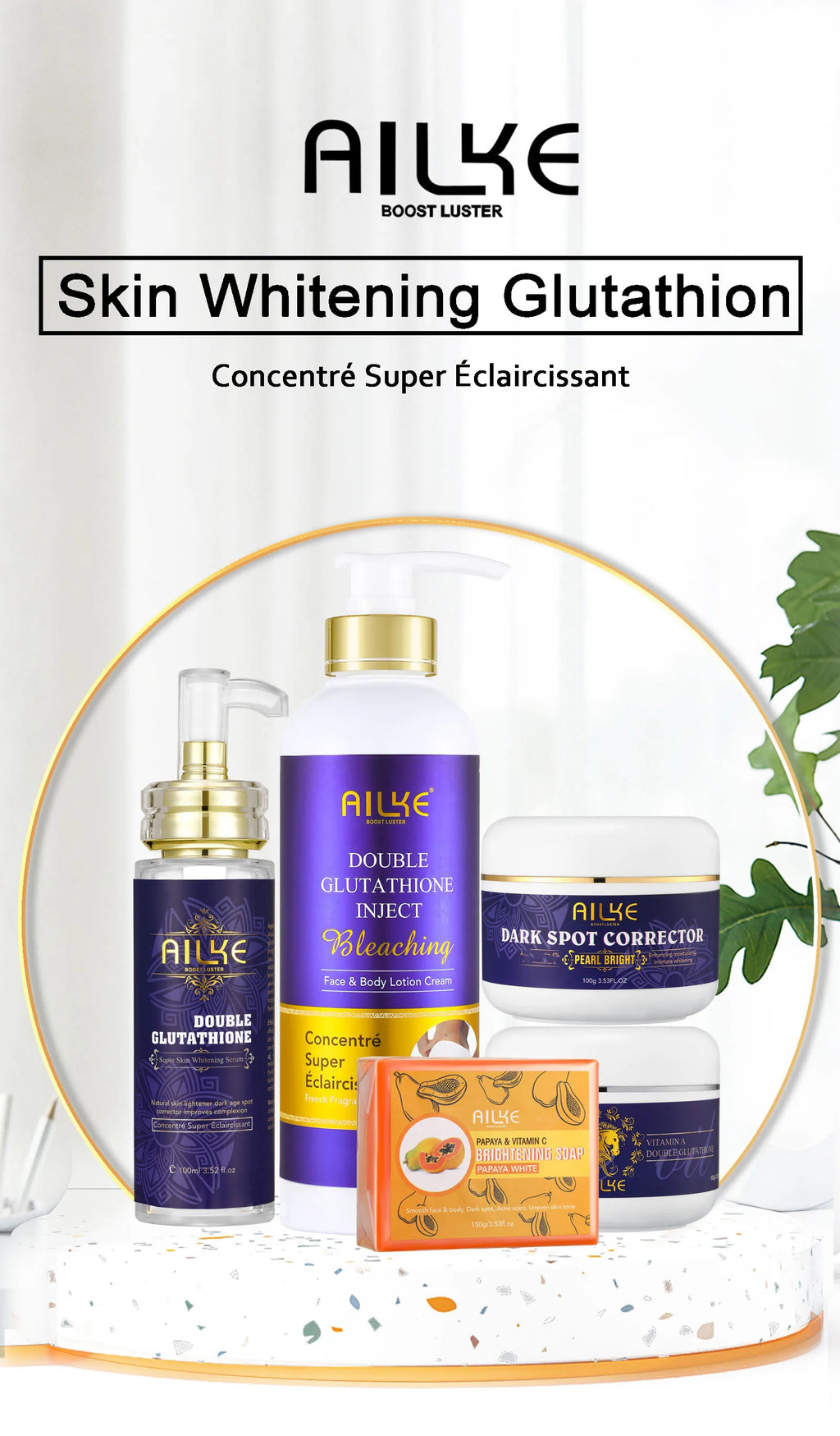 AILKE Kit de soins de la peau 5 en 1 au glutathion pour femmes, avec Lotion pour le corps, sérum, crème anti-taches foncées, crème pour le corps, savon éclaircissant