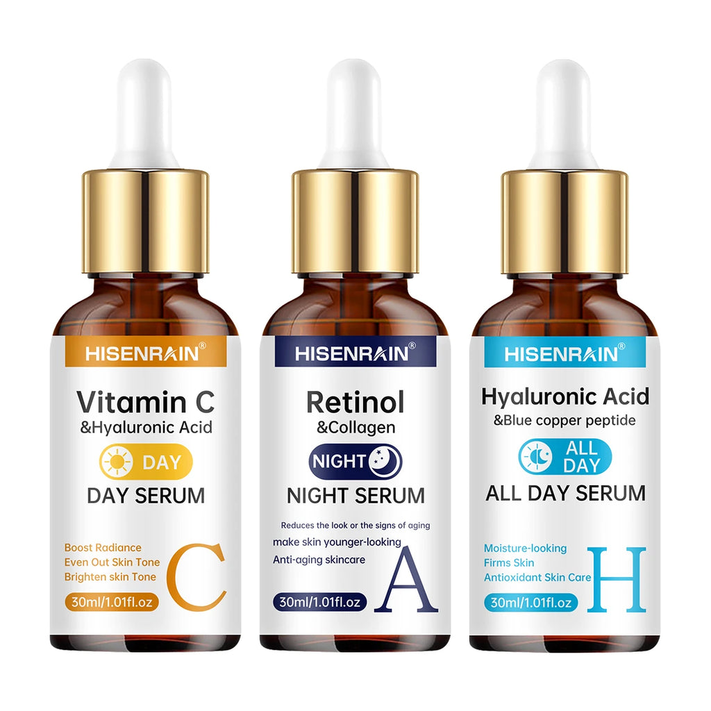 HISENRAIN Sérum Vitamine C + Rétinol + Acide Hyaluronique Duo |   Combo éclaircissant et hydratation anti-âge |   Pour tout type de peau.