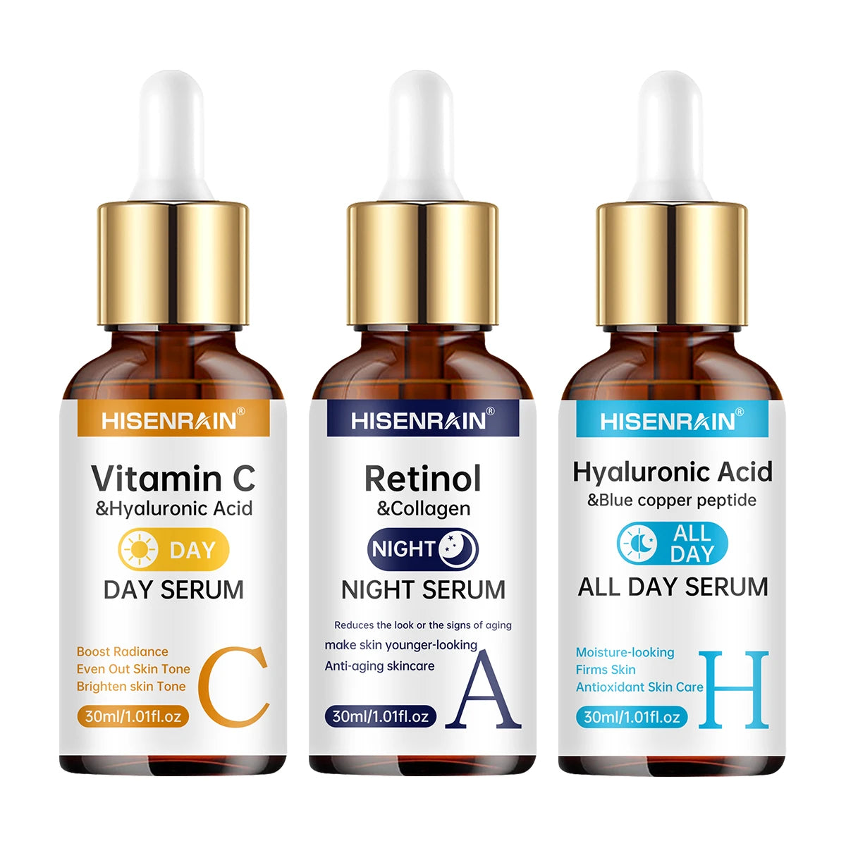 HISENRAIN Sérum Vitamine C + Rétinol + Acide Hyaluronique Duo |   Combo éclaircissant et hydratation anti-âge |   Pour tout type de peau.