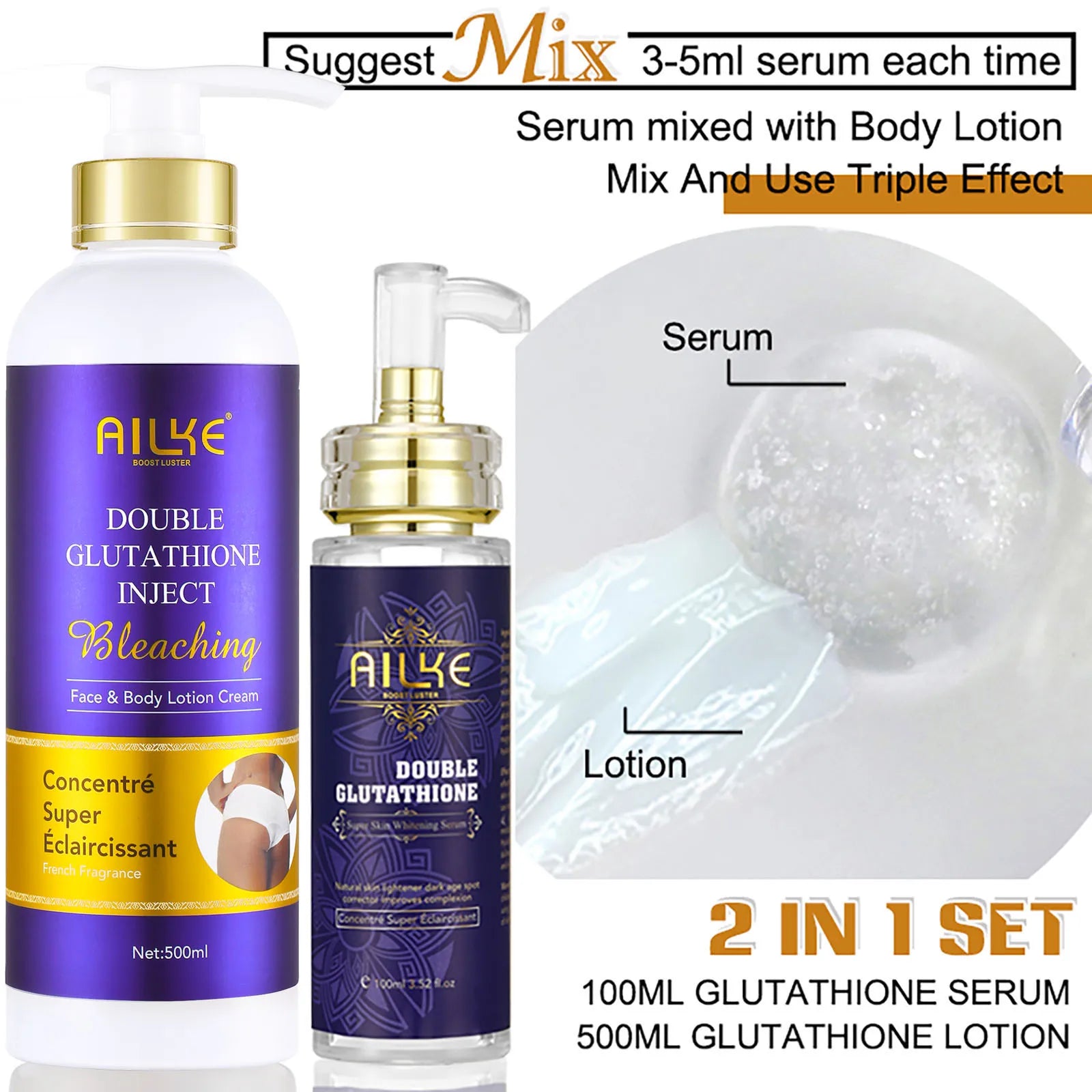 AILKE Kit de soins de la peau 5 en 1 au glutathion pour femmes, avec Lotion pour le corps, sérum, crème anti-taches foncées, crème pour le corps, savon éclaircissant