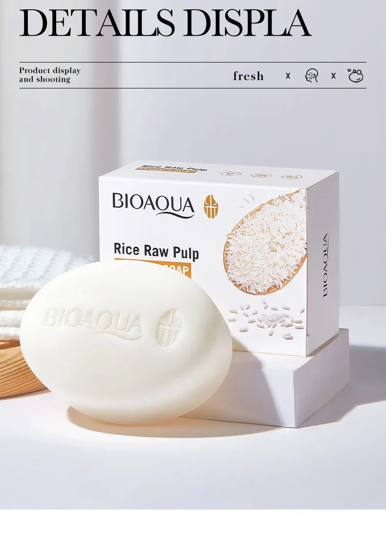 BIOAQUA savon pour le visage en pulpe brute de riz blanc mousse de lavage du visage nettoyant pour le visage hydratant contrôle de l'huile corps bain savon fait à la main