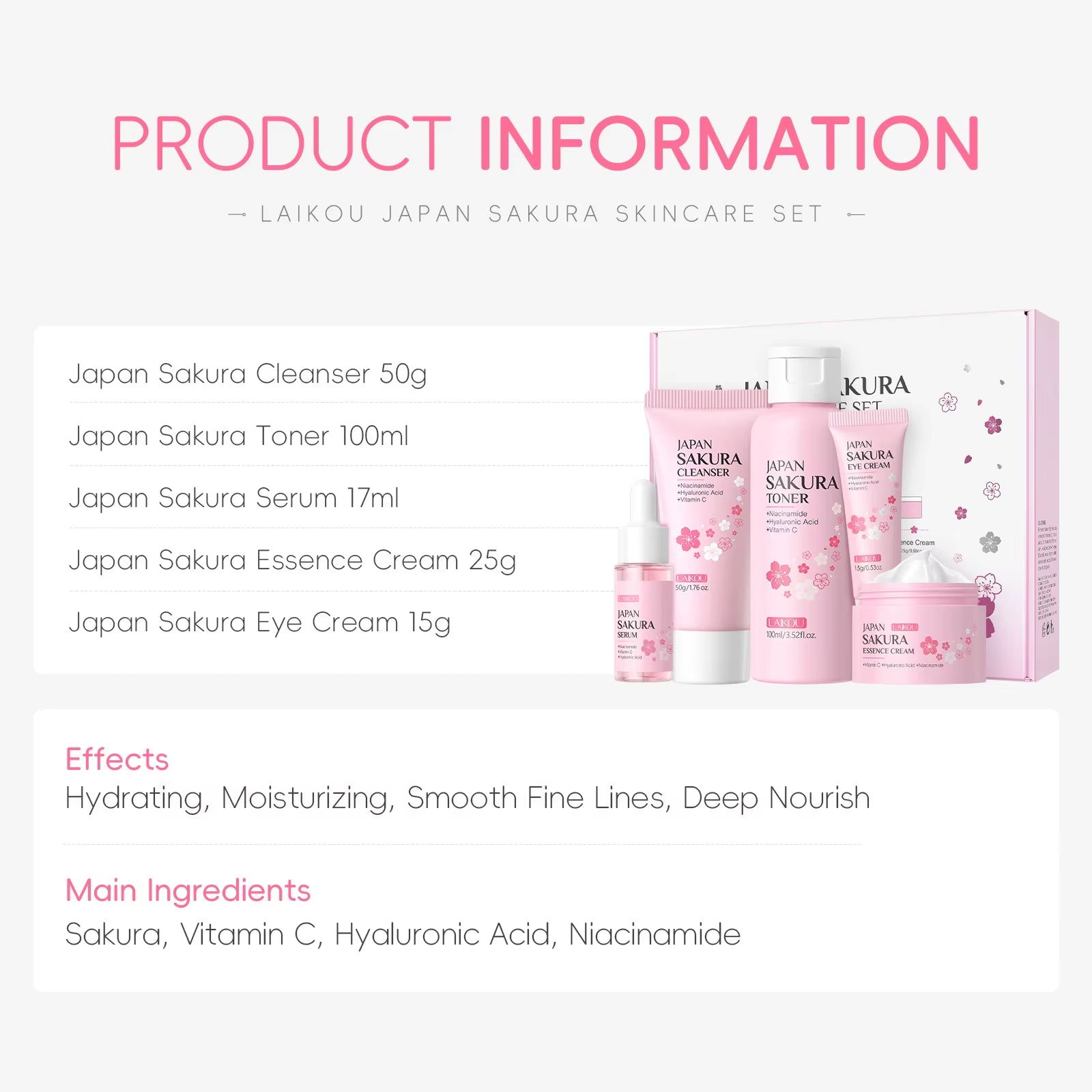 Sakura Kit Skin Care Sets Moisturizing and Reducing Fine Lines Cleansing Pore Product 5-Piece Korean Women'S Day Gift