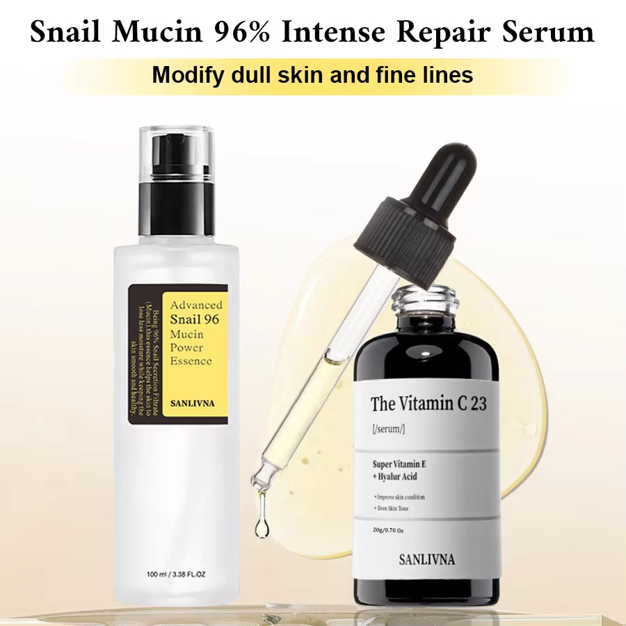 Sanlivna Korean Skincare Snail 96% + VC 23% Duo - Brightening Serum & Essence for Dull Skin