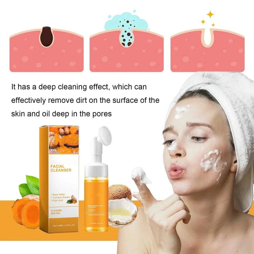 Turmeric Facial Cleanser with Soft Brush – Deep Foaming Face Wash for Brightening, Acne Control & Glowing Skin (100Ml)