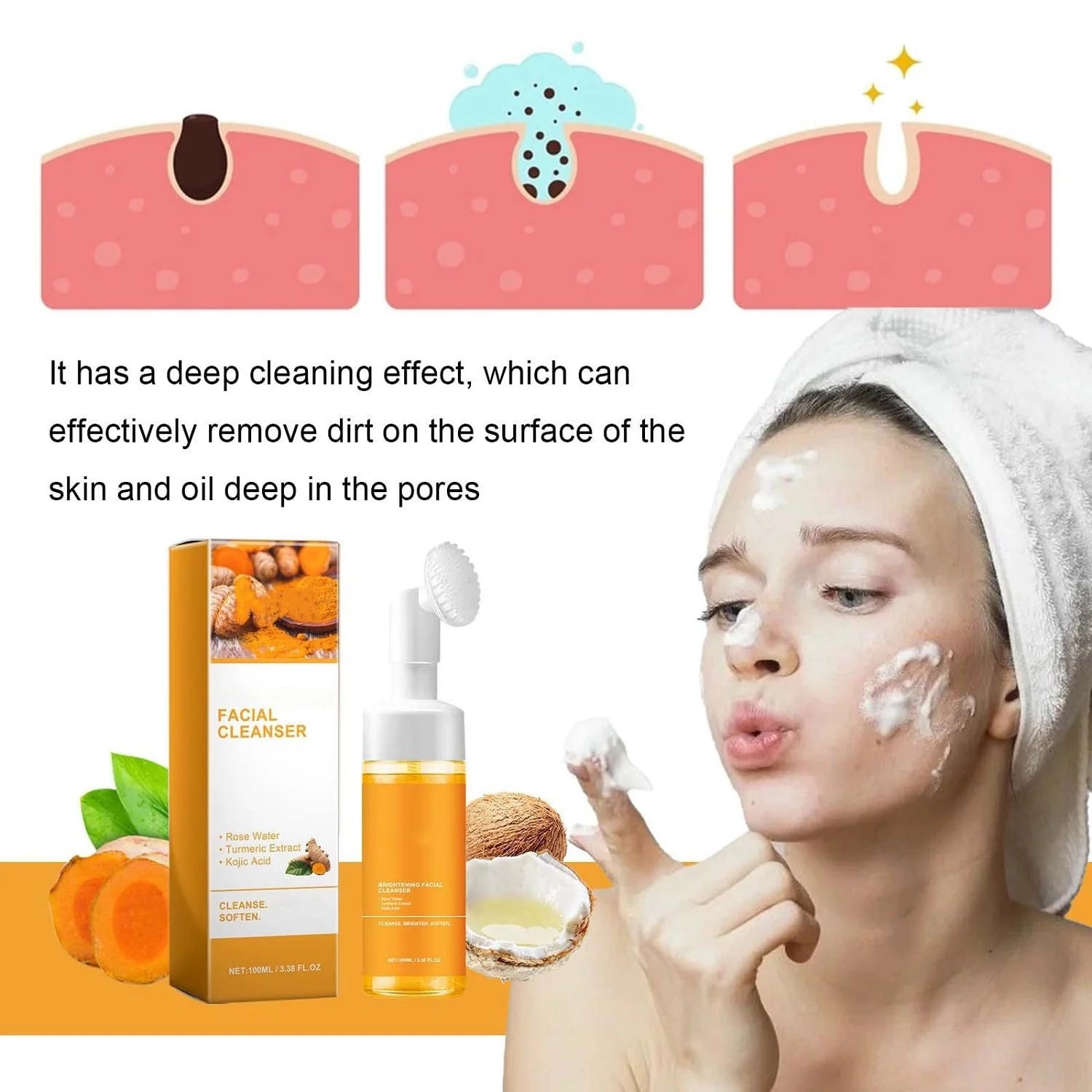 Turmeric Facial Cleanser with Soft Brush – Deep Foaming Face Wash for Brightening, Acne Control & Glowing Skin (100Ml)